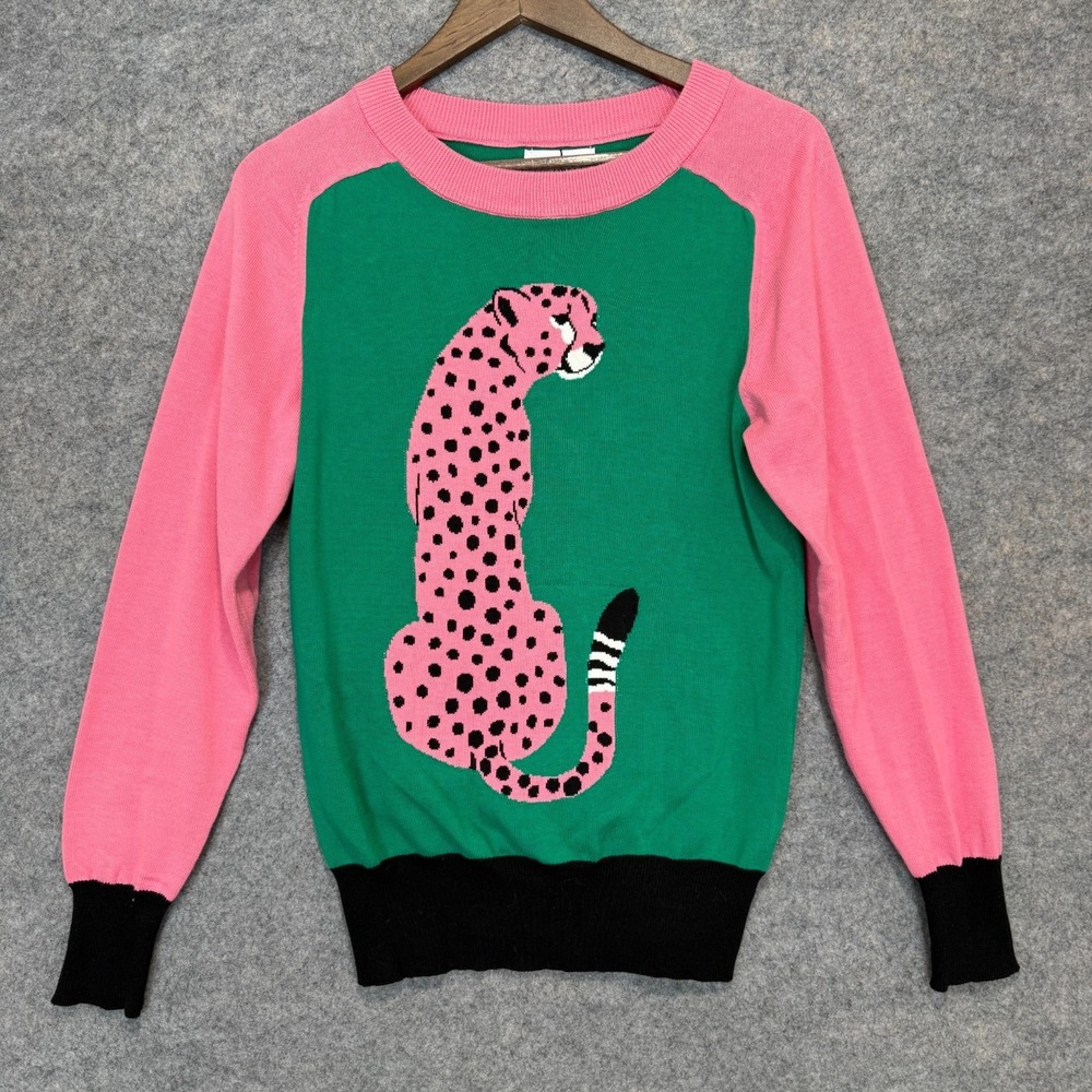 OXKnit Retro Leopard Graphic Sweater Womens Small Pink Green Animal 60s 70s